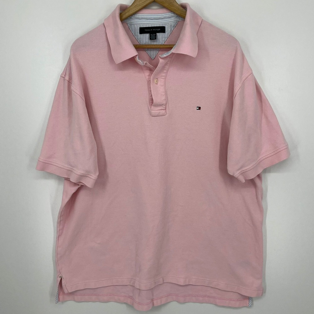 Tommy Hilfiger Mens Pink Short Sleeve Pique Cotton Polo‎ Shirt Size 2XL Logo Vtg